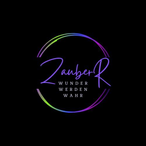Dies Ist das Log des ZauberR. Zusehen ist in lila der handschriftliche Text "ZauberR" kleiner darunter steht in Druckbuchstaben "Wunder werden wahr" Der Text befindet sich in einem Ring der an den Seite offen ist. Die Farben des Ringes verlaufen von grün in lila. Der Hintergrund ist schwarz